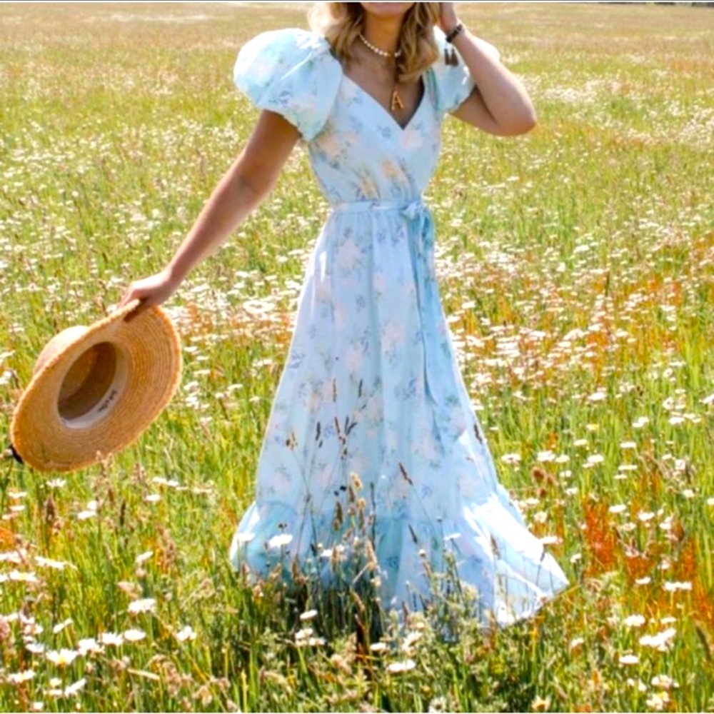 LoveShackFancy Light Blue Estelle Puff Sleeve Floral Dress with Tie Belt NWT